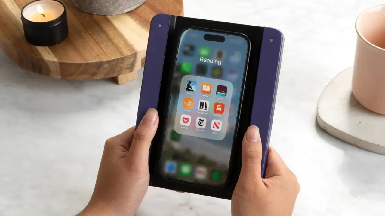 Une personne tient un t&eacute;l&eacute;phone dans un support violet, pr&ecirc;t &agrave; lire un livre. L'&eacute;cran affiche des applications de lecture comme Kindle et Audible.