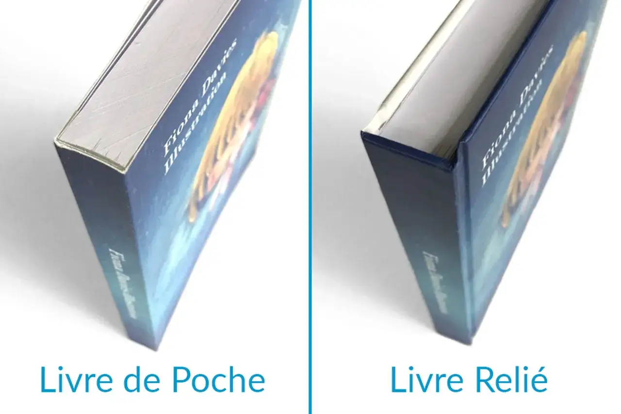 Comparaison d'un livre de poche et d'un livre relié, montrant la différence de couverture et de reliure.