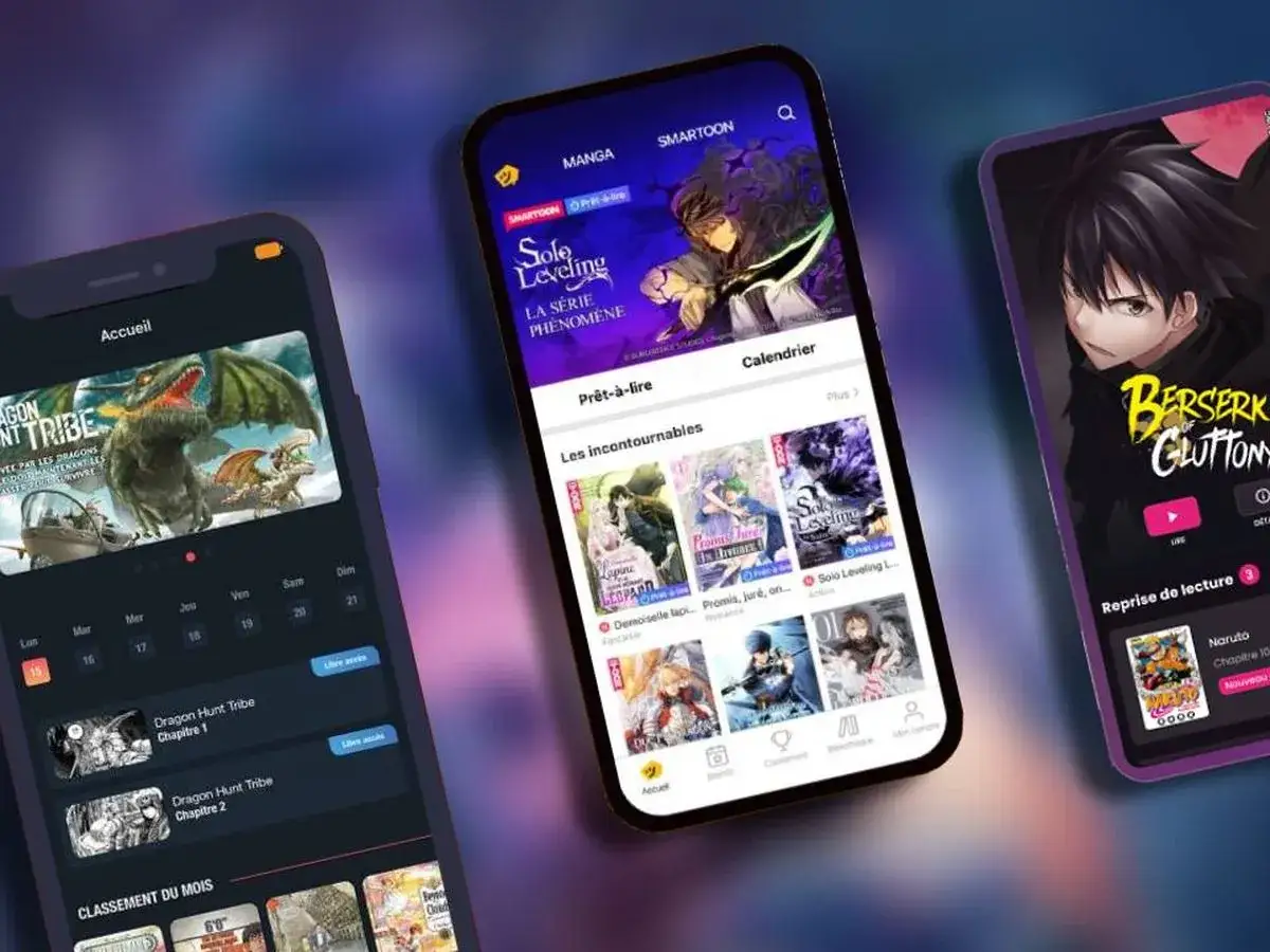 Trois smartphones affichant des applications de lecture de mangas. L'un montre 