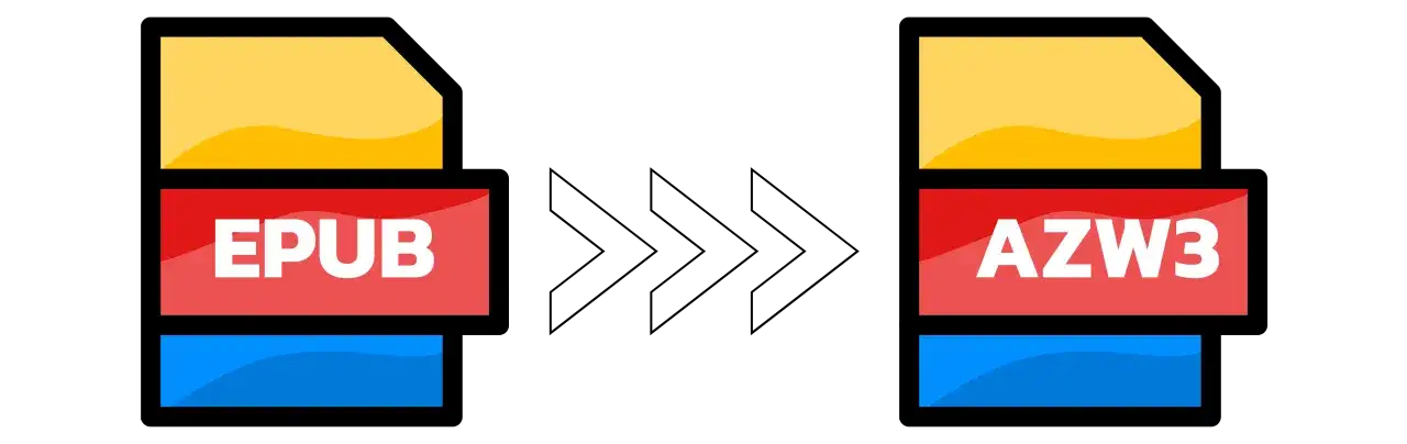 Icônes représentant des fichiers EPUB et AZW3, suggérant une conversion entre ces formats.