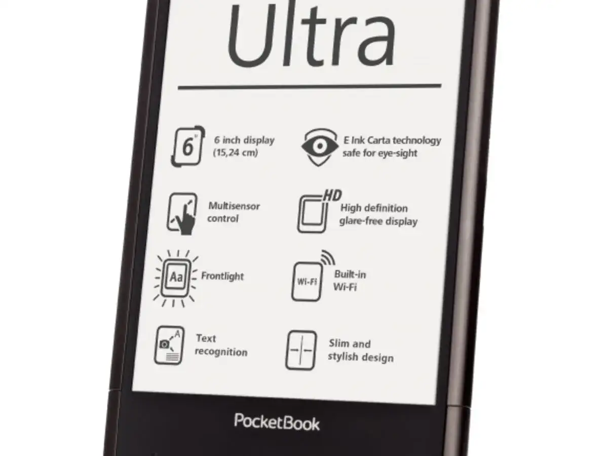 La liseuse PocketBook Ultra offre un &eacute;cran 6 pouces E Ink Carta, un &eacute;clairage frontal et un design fin.