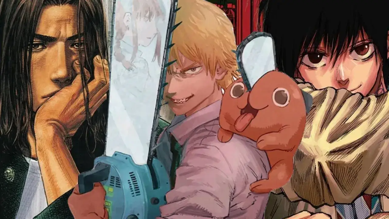 Personnages de manga embl&eacute;matiques, dont Denji de Chainsaw Man, dans un montage visuel qui pourrait figurer dans le top 20 des meilleurs manga.