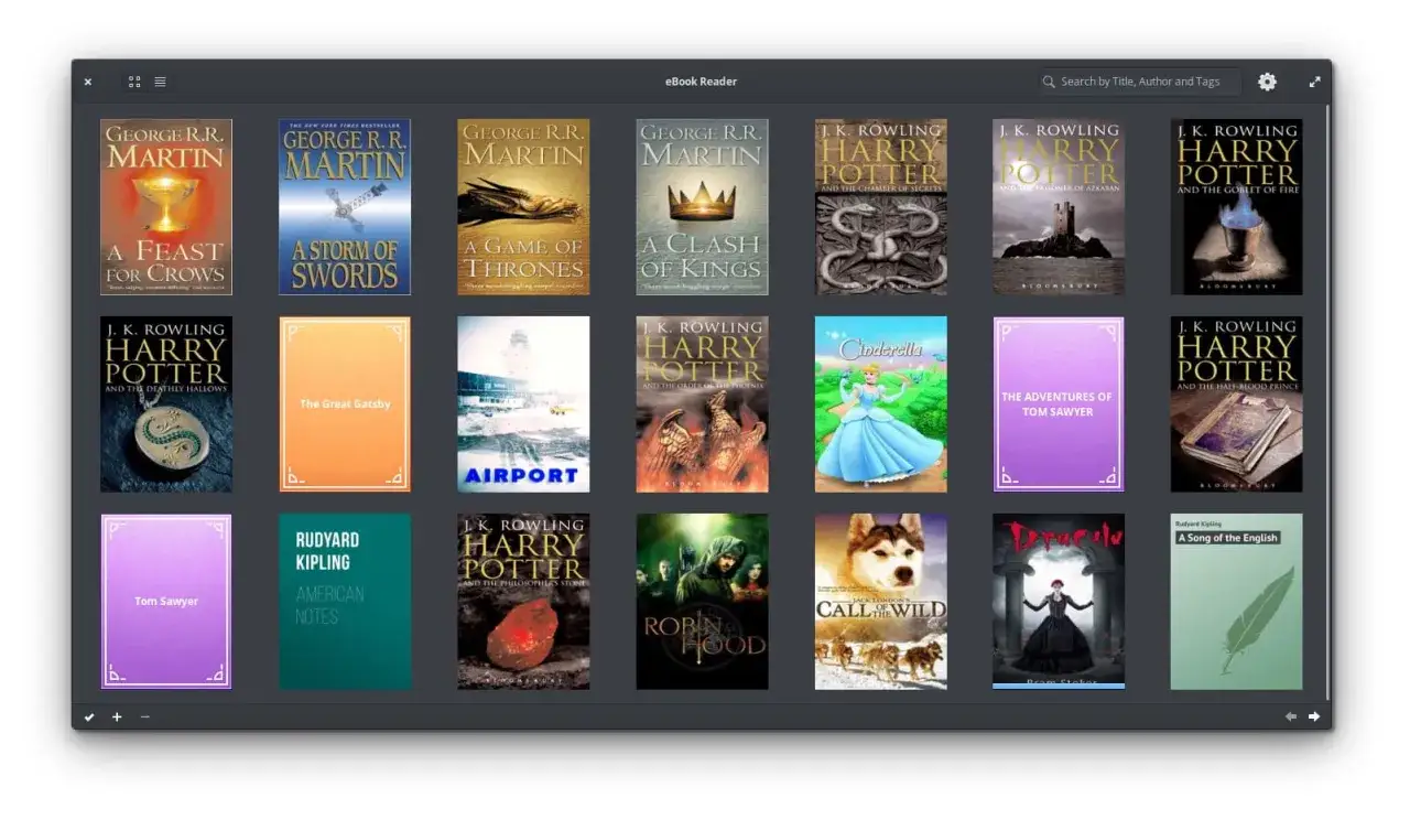 Interface d'un lecteur d'ebooks sur Linux, affichant des couvertures de livres comme Harry Potter, Le Grand Gatsby, et Le Tr&ocirc;ne de Fer.
