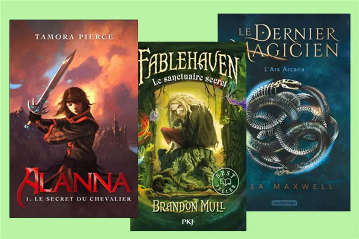 Trois couvertures de livres du genre fantastique : une jeune guerri&egrave;re, un vieil homme dans une for&ecirc;t enchant&eacute;e et un serpent squelettique.