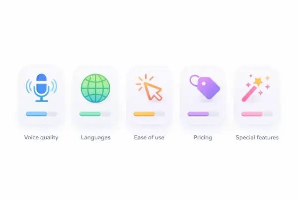 Icônes représentant les caractéristiques d'une application qui lit les livres : qualité vocale, langues, facilité d'utilisation, prix et fonctionnalités spéciales.