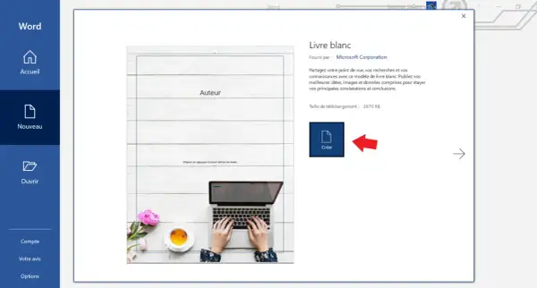Interface Word pour créer un ebook. Un modèle de "Livre blanc" est sélectionné, prêt à être personnalisé.