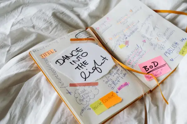 Un carnet ouvert avec des notes manuscrites sur la création d'un livre, comme "DANCE INTO THE LIGHT". On y voit des idées de titres, de marketing, et la question "a quoi sert un pseudo" est implicite dans la planification.