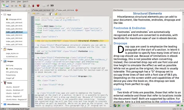 Interface de Calibre pour éditer un EPUB, montrant le code HTML et un aperçu du texte avec des éléments structurels comme les notes de bas de page et les dropcaps.