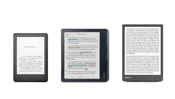 Trois liseuses affichant des livres numériques. L'une est une Kindle, une autre une Kobo, et la troisième une Vivlio.