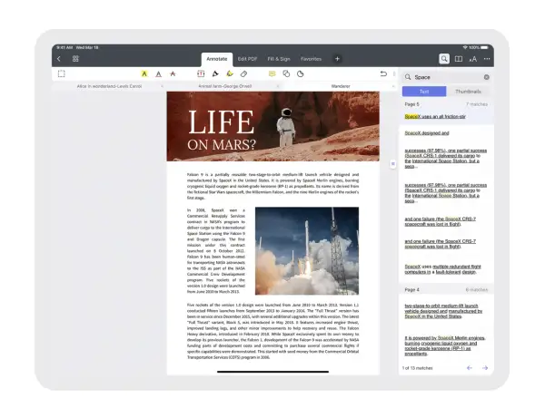Lecture d'un epub sur iPhone, avec des articles sur la vie sur Mars et les fusées SpaceX.