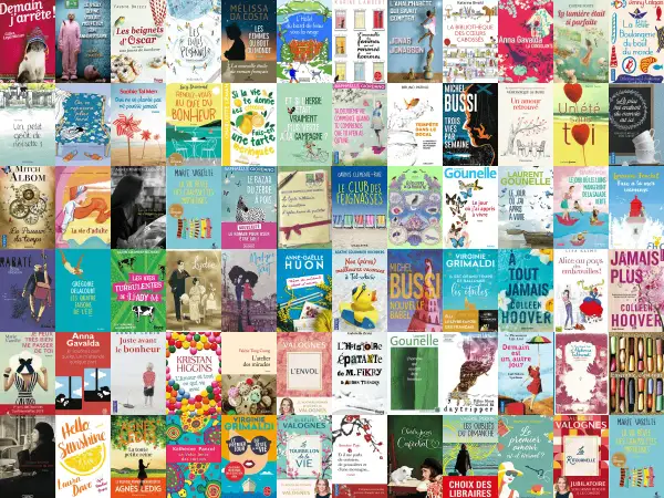 Une mosaïque de couvertures de livres, offrant une évasion feel good. Des histoires pleines d'espoir, d'amour et de découvertes, parfaites pour un moment de détente.