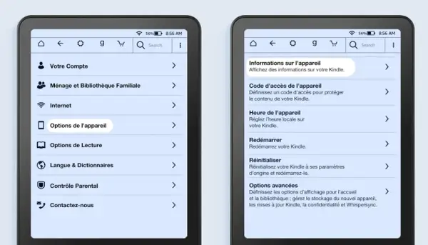 Paramètres d'une liseuse Kindle : options de l'appareil, code d'accès, heure, redémarrage, réinitialisation et options avancées.