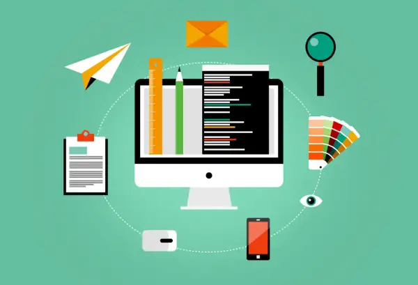Un ordinateur affiche du code, entouré d'outils de création : règle, crayon, palette de couleurs, loupe, téléphone, et un avion en papier pour envoyer vos projets. Idéal pour ouvrir epub.