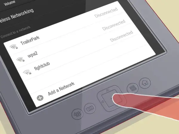 Un doigt appuie sur un bouton d'un appareil affichant les réseaux Wi-Fi disponibles, prêt à envoyer vers Kindle.