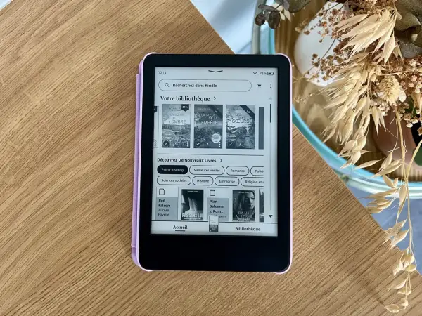 Liseuse Kindle affichant des livres en format epub, dont "La Sœur de l'Ombre" et "Les Sept Sœurs".