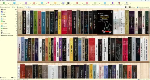 Une étagère remplie de livres numériques, organisés par titre. Le logiciel calibre ebook permet de gérer cette bibliothèque.