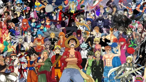 Un collage de personnages de manga célèbres, incluant Luffy, Naruto et Goku, qui pourraient figurer dans le top 20 des meilleurs manga.