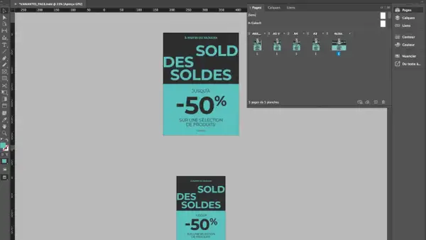 Interface InDesign affichant des planches pour un saut de page, avec des bannières promotionnelles "Soldes -50%".