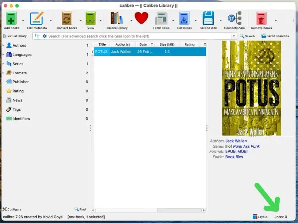 Bibliothèque Calibre affichant un livre "POTUS" de Jack Wallen, disponible en formats EPUB, MOBI, sans DRM.