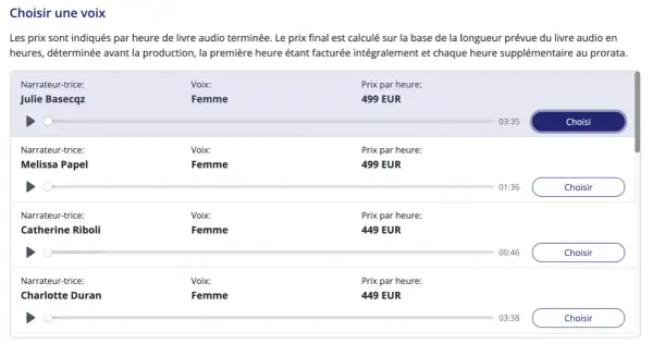 Sélectionnez une voix pour votre livre audio. Julie, Melissa, Catherine et Charlotte proposent des voix féminines à partir de 449 EUR. Profitez d'un livre audio gratuit !