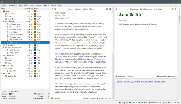 Interface de logiciel d'écriture pour roman, avec une arborescence de projet à gauche et un éditeur de texte à droite. Idéal pour écrire votre prochain roman, ce logiciel est comme un scrivener gratuit.